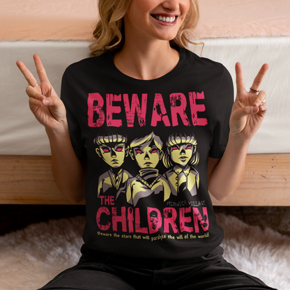 This striking t-shirt features a group of telepathic children inspired by The Midwich Cuckoos, standing together in eerie unison. Their glowing, otherworldly eyes create an unsettling effect, as if they are communicating without words, conveying their sinister abilities. Each child has a calm yet chilling expression, dressed in minimalist, vintage-style clothing that hints at their small-town origins.