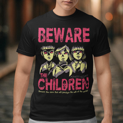 This striking t-shirt features a group of telepathic children inspired by The Midwich Cuckoos, standing together in eerie unison. Their glowing, otherworldly eyes create an unsettling effect, as if they are communicating without words, conveying their sinister abilities. Each child has a calm yet chilling expression, dressed in minimalist, vintage-style clothing that hints at their small-town origins.
