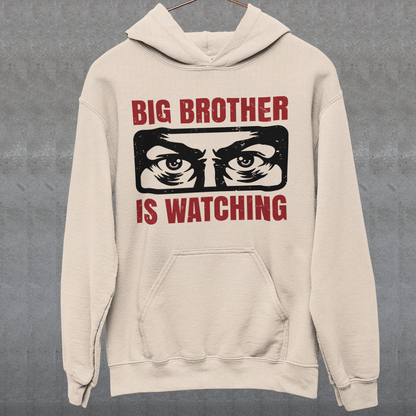 Introducing our captivating hoodie, featuring a mesmerizing design that will capture attention wherever you go. This unique sweatshirt showcases a pair of piercing eyes, seemingly observing your every move, accompanied by the thought-provoking text: "BIG BROTHER IS WATCHING."