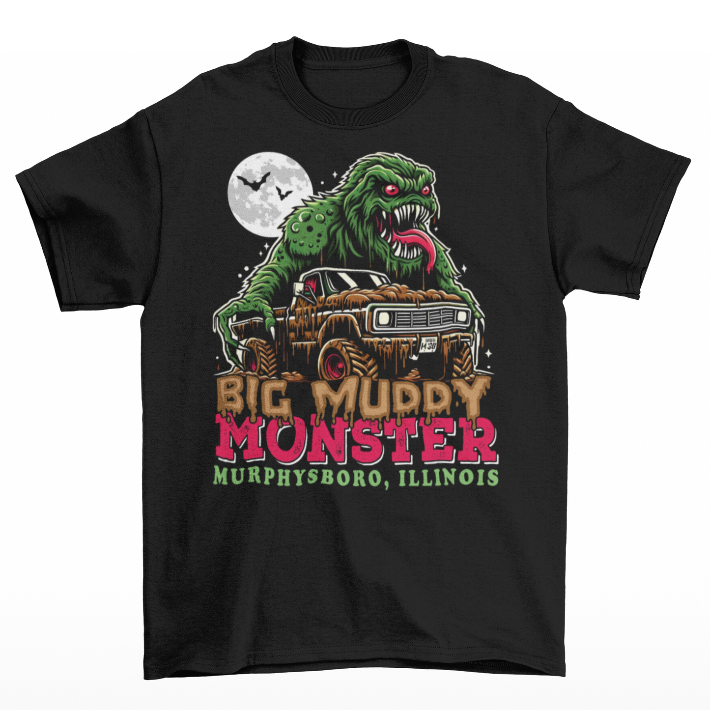 Black t-shirt of the Murphysboro Mud Monster attacking a truck with text "BIG MUDDY MONSTER".