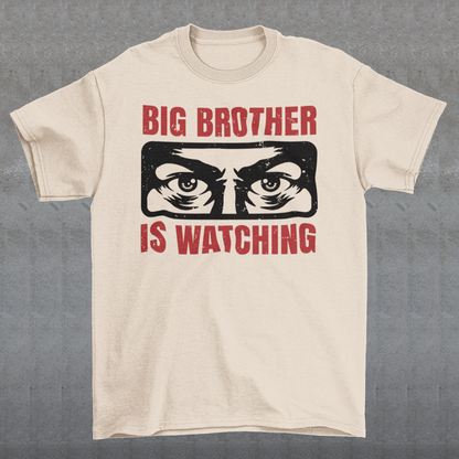 Introducing our captivating t-shirt, featuring a mesmerizing design that will capture attention wherever you go. This unique t-shirt showcases a pair of piercing eyes, seemingly observing your every move, accompanied by the thought-provoking text: "BIG BROTHER IS WATCHING YOU."