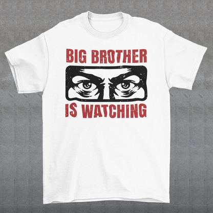 Introducing our captivating t-shirt, featuring a mesmerizing design that will capture attention wherever you go. This unique t-shirt showcases a pair of piercing eyes, seemingly observing your every move, accompanied by the thought-provoking text: "BIG BROTHER IS WATCHING YOU."