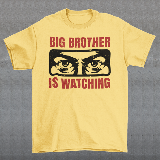 Introducing our captivating t-shirt, featuring a mesmerizing design that will capture attention wherever you go. This unique t-shirt showcases a pair of piercing eyes, seemingly observing your every move, accompanied by the thought-provoking text: "BIG BROTHER IS WATCHING YOU."