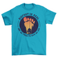 Aqua t-shirt with a bigfoot silhouette on a sunset foot with text "BIGFOOT IS REAL AND HE TRIED TO KICK MY ASS".