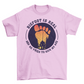 Pink t-shirt with a bigfoot silhouette on a sunset foot with text "BIGFOOT IS REAL AND HE TRIED TO KICK MY ASS".