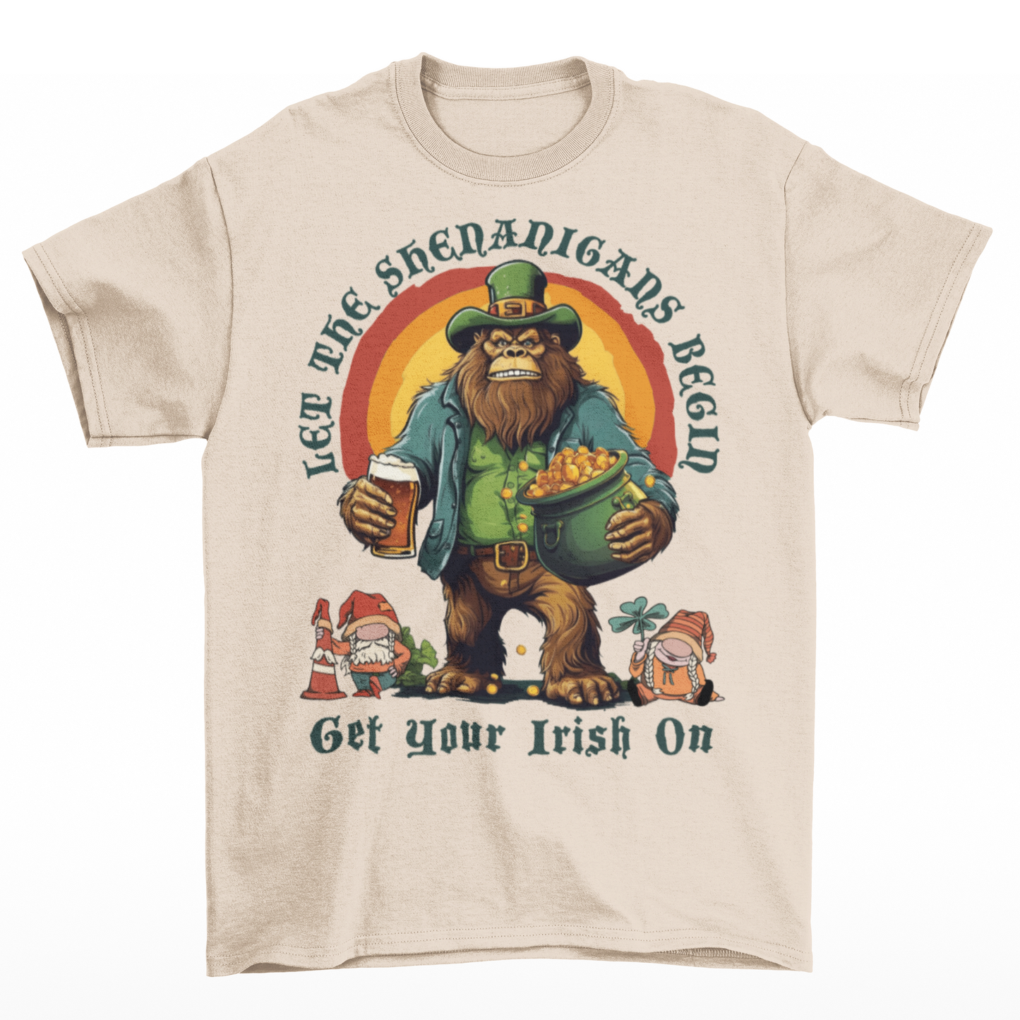 St Patrick's Day cream t-shirt of a Bigfoot dressed as a leprechaun holding a beer and a pot of gold with text above LET THE SHENANIGANS BEGIN.