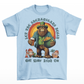 St Patrick's Day light blue t-shirt of a Bigfoot dressed as a leprechaun holding a beer and a pot of gold with text above LET THE SHENANIGANS BEGIN.