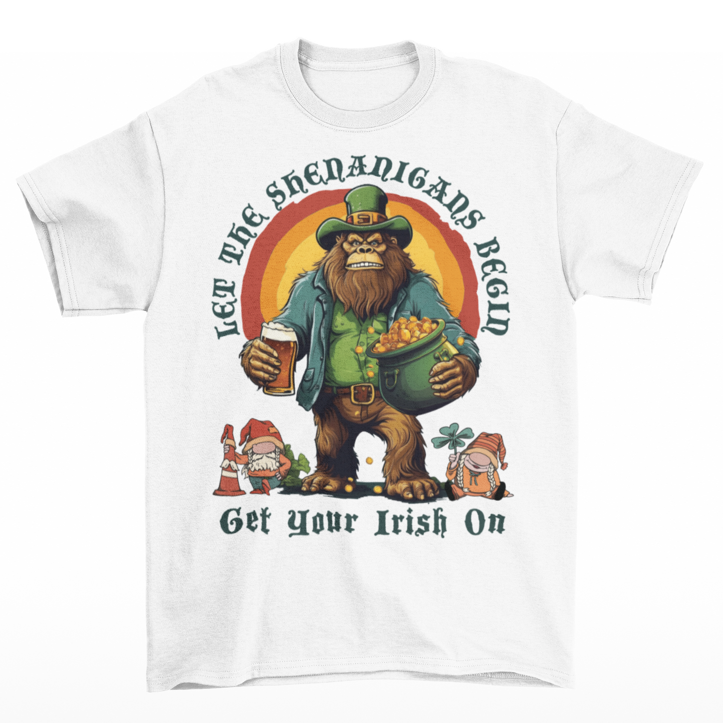 St Patrick's Day white t-shirt of a Bigfoot dressed as a leprechaun holding a beer and a pot of gold with text above LET THE SHENANIGANS BEGIN.