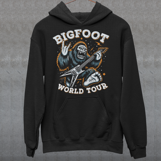 Black hoodie of Bigfoot playing an electric guitar with text BIGFOOT WORLD TOUR.