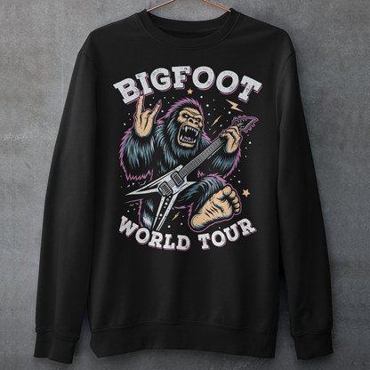 Black sweatshirt of Bigfoot playing an electric guitar with text BIGFOOT WORLD TOUR.