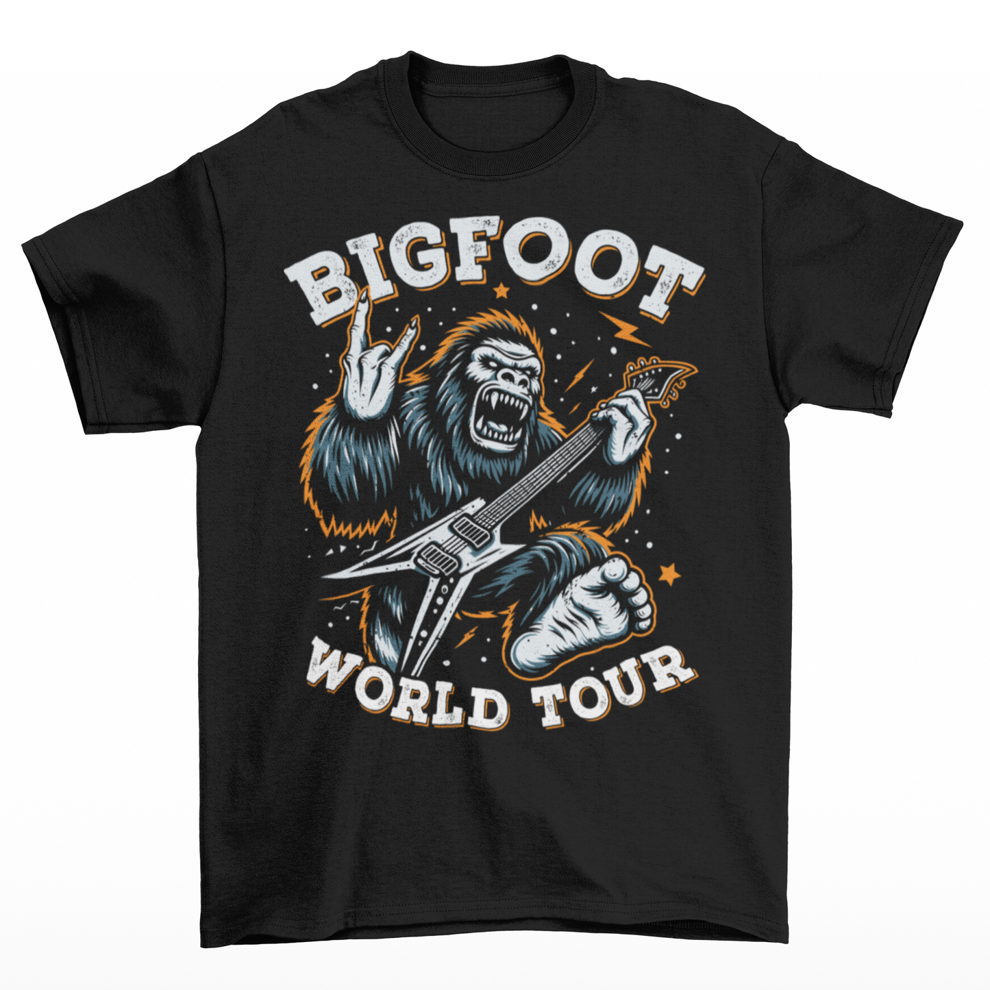 Black t-shirt of Bigfoot playing an electric guitar with text BIGFOOT WORLD TOUR.