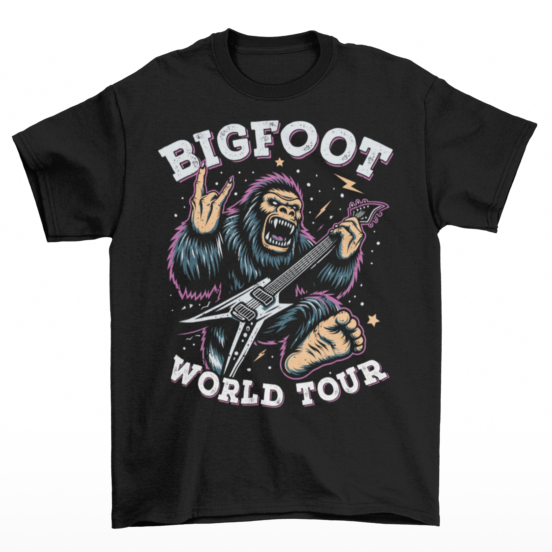 Black t-shirt of Bigfoot playing an electric guitar with text BIGFOOT WORLD TOUR.