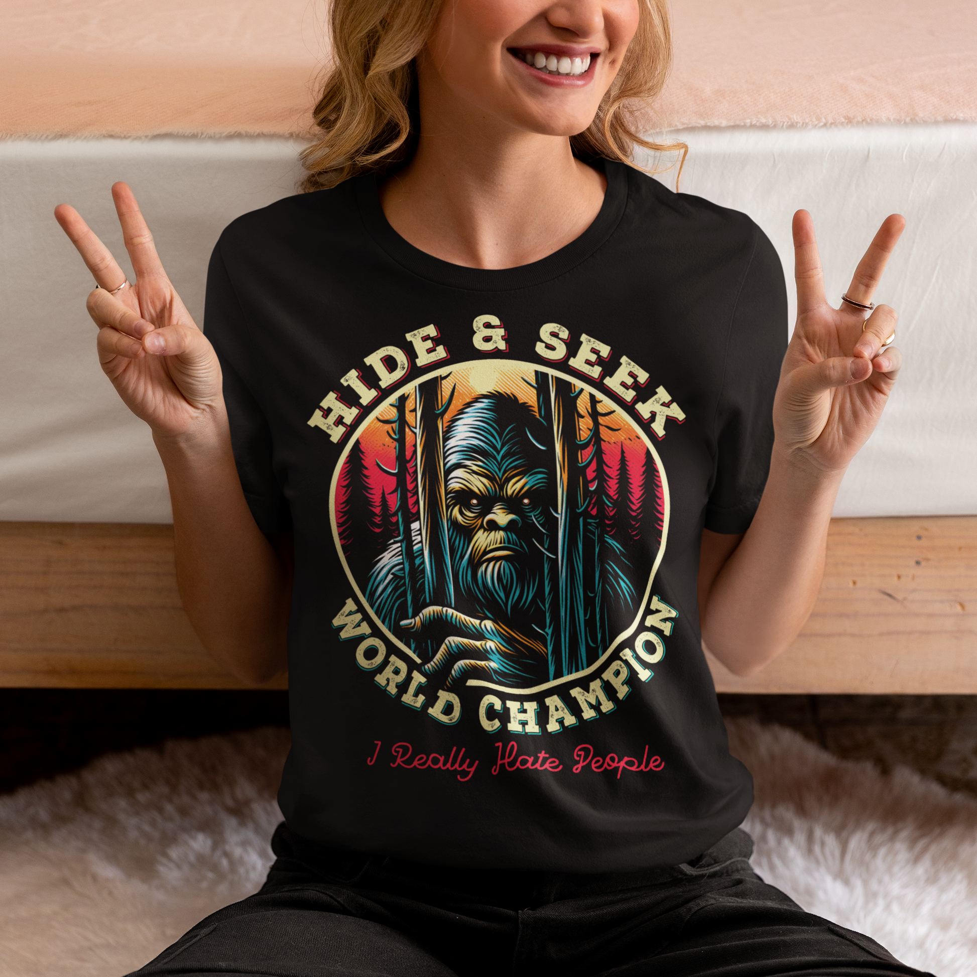Unleash your playful side with our exclusive "Hide and Seek World Champion" t-shirt! This unique sweatshirt features an artistic rendition of Bigfoot peeking through a dense forest of towering trees. With a mischievous glint in his eyes, the legendary creature embodies the ultimate master of hide and seek. The bold, vintage-style text reads "HIDE and SEEK WORLD CHAMPION," celebrating Bigfoot's elusive charm.