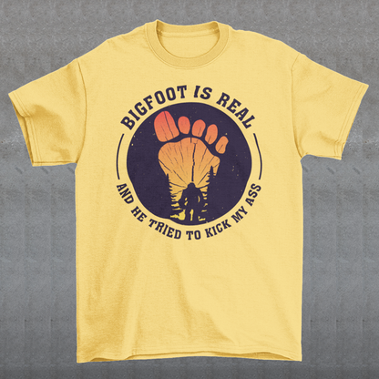 Step into the world of mysterious legends and untamed wilderness with our captivating t-shirt design featuring the legendary creature himself: Bigfoot. Against a breathtaking sunset backdrop, this design encapsulates the thrilling encounter between man and myth. At the center of the design, a striking depiction of Bigfoot takes the spotlight, his towering figure emerging from the dense forest the creature's shaggy fur and muscular frame evoke an air of primal strength and enigma.