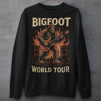 Introducing the ultimate sweatshirt for cryptid enthusiasts and music lovers alike! This vibrant design features the legendary Bigfoot, rocking out on an electric guitar with unparalleled style and energy. Bigfoot, depicted in dynamic detail, stands mid-riff, his shaggy fur flying as he strums the guitar with electrifying intensity.