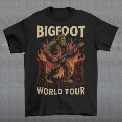 Introducing the ultimate t-shirt for cryptid enthusiasts and music lovers alike! This vibrant design features the legendary Bigfoot, rocking out on an electric guitar with unparalleled style and energy. Bigfoot, depicted in dynamic detail, stands mid-riff, his shaggy fur flying as he strums the guitar with electrifying intensity.