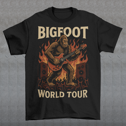 Introducing the ultimate t-shirt for cryptid enthusiasts and music lovers alike! This vibrant design features the legendary Bigfoot, rocking out on an electric guitar with unparalleled style and energy. Bigfoot, depicted in dynamic detail, stands mid-riff, his shaggy fur flying as he strums the guitar with electrifying intensity.