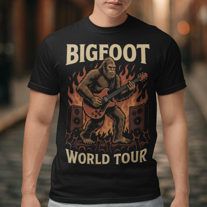 Introducing the ultimate t-shirt for cryptid enthusiasts and music lovers alike! This vibrant design features the legendary Bigfoot, rocking out on an electric guitar with unparalleled style and energy. Bigfoot, depicted in dynamic detail, stands mid-riff, his shaggy fur flying as he strums the guitar with electrifying intensity.
