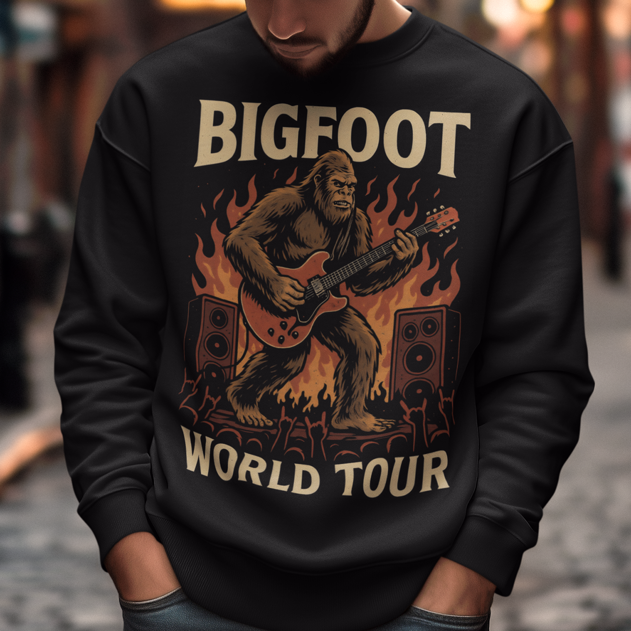 Introducing the ultimate sweatshirt for cryptid enthusiasts and music lovers alike! This vibrant design features the legendary Bigfoot, rocking out on an electric guitar with unparalleled style and energy. Bigfoot, depicted in dynamic detail, stands mid-riff, his shaggy fur flying as he strums the guitar with electrifying intensity.