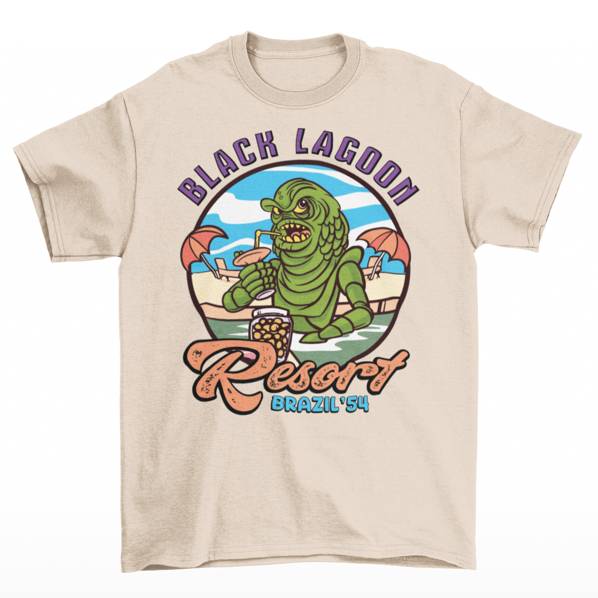 Cream t-shirt with the creature from the black lagoon drinking a cocktail in a pool with text "BLACK LAGOON RESORT".