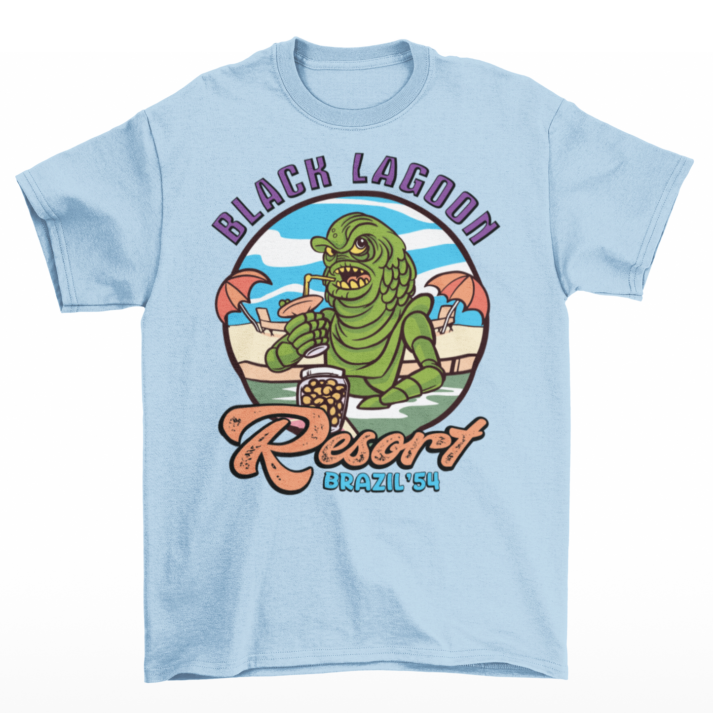 Light blue t-shirt with the creature from the black lagoon drinking a cocktail in a pool with text "BLACK LAGOON RESORT".