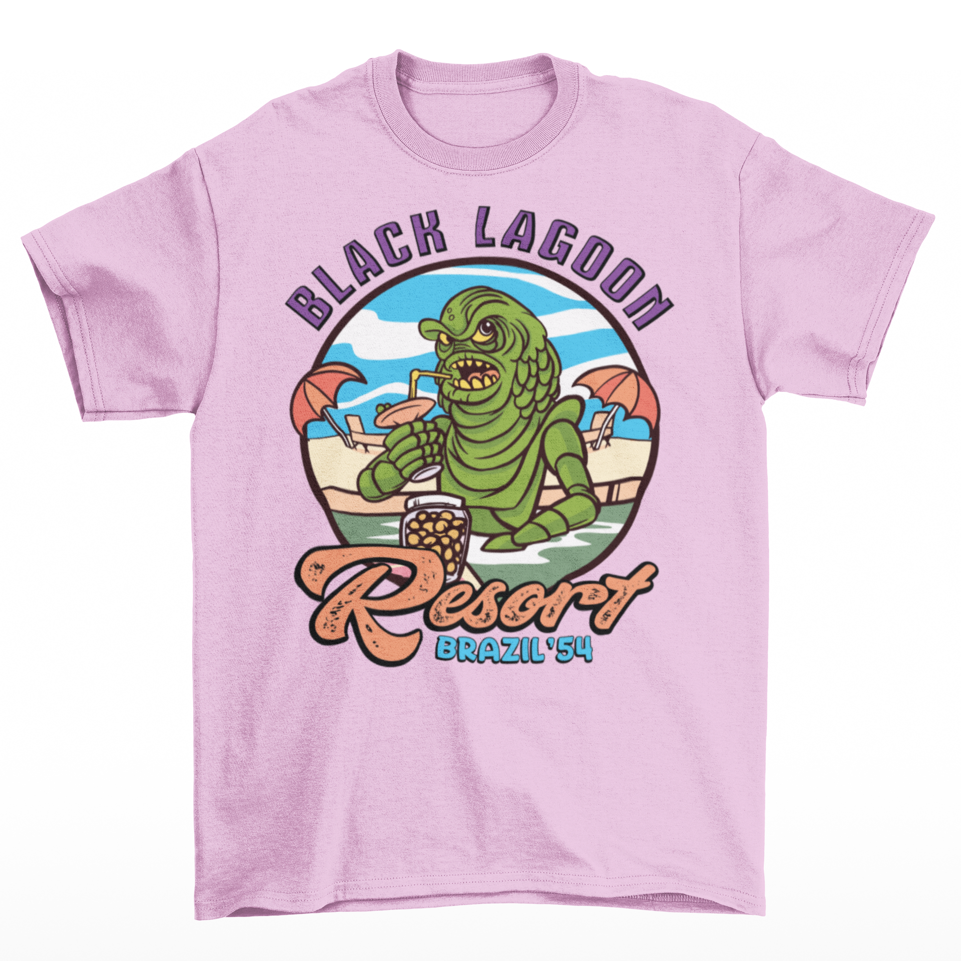 Pink t-shirt with the creature from the black lagoon drinking a cocktail in a pool with text "BLACK LAGOON RESORT".