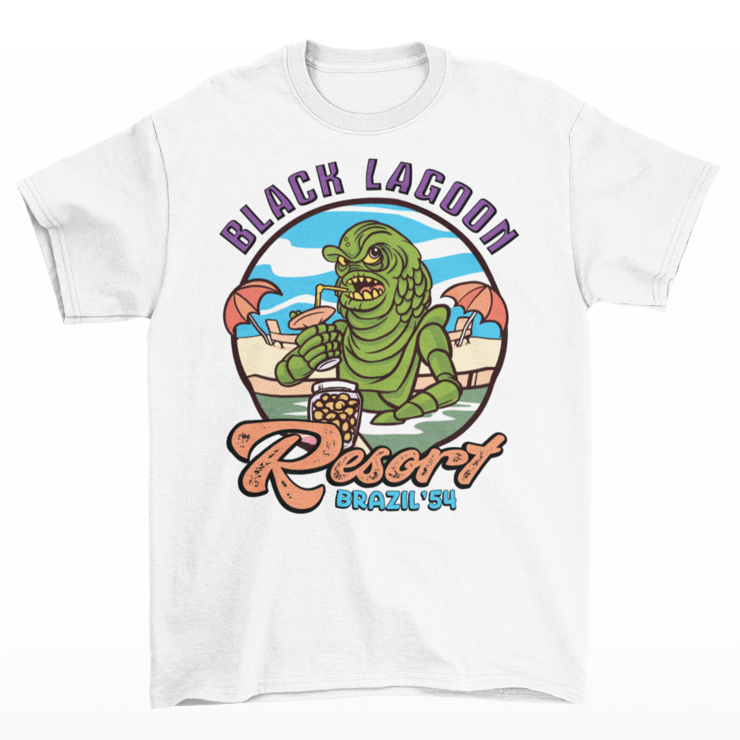 White t-shirt with the creature from the black lagoon drinking a cocktail in a pool with text "BLACK LAGOON RESORT".