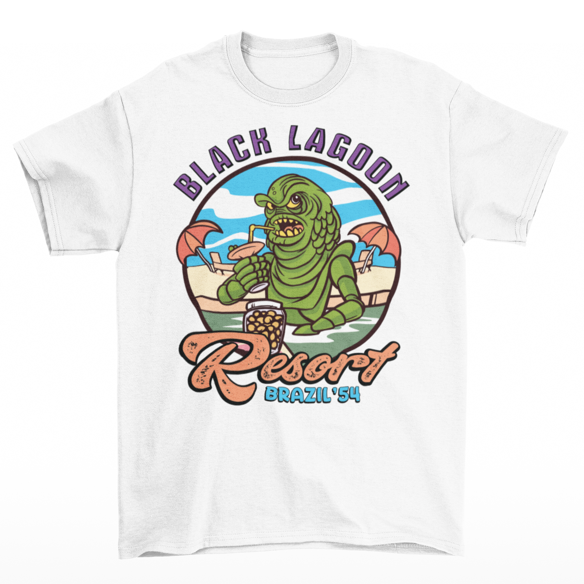 White t-shirt with the creature from the black lagoon drinking a cocktail in a pool with text "BLACK LAGOON RESORT".