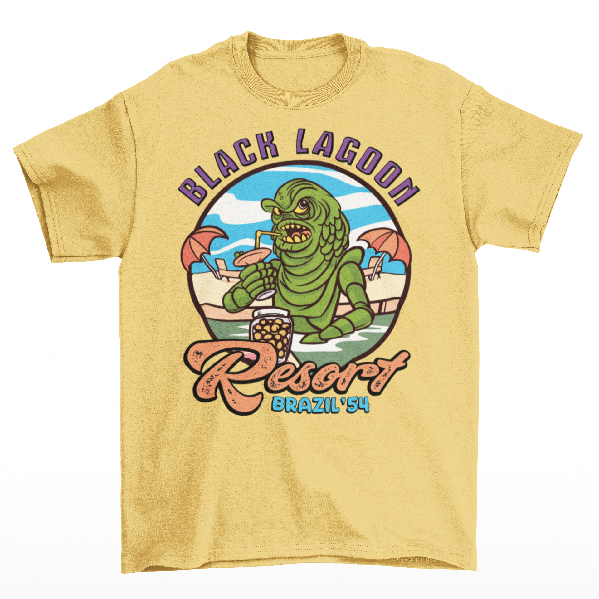 Yellow t-shirt with the creature from the black lagoon drinking a cocktail in a pool with text "BLACK LAGOON RESORT".