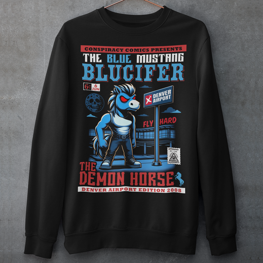 Black sweatshirt of a comic book design of Blucifer the blue mustang.