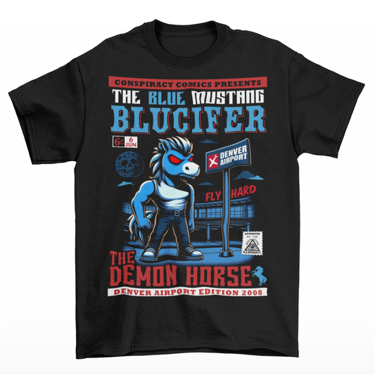 Black t-shirt of a comic book design of Blucifer the blue mustang.
