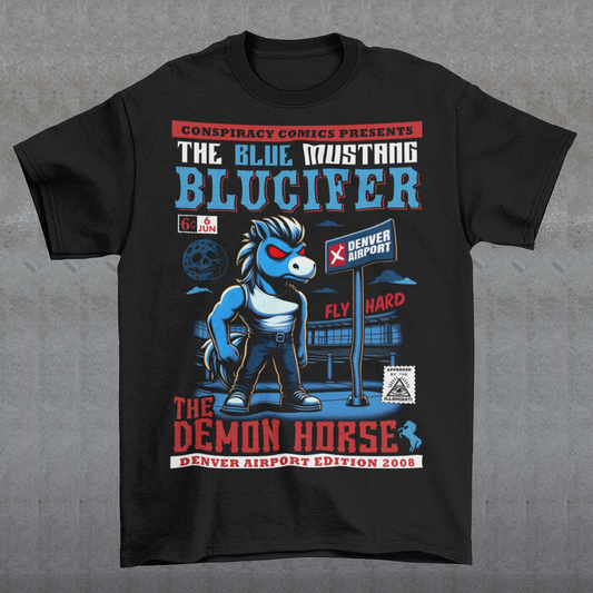 Unleash the legend with this bold t-shirt featuring Blucifer, the infamous blue mustang brought to life in a striking comic book design! This vibrant illustration showcases the menacing yet captivating spirit of Blucifer, complete with glowing red eyes and dynamic comic-style shading. The design is set against a dramatic backdrop of Denver Airport emphasizing Blucifer's larger-than-life presence. Perfect for fans of myth, art, and Denver’s most iconic (and controversial) sculpture.