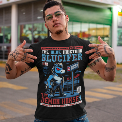 Unleash the legend with this bold t-shirt featuring Blucifer, the infamous blue mustang brought to life in a striking comic book design! This vibrant illustration showcases the menacing yet captivating spirit of Blucifer, complete with glowing red eyes and dynamic comic-style shading. The design is set against a dramatic backdrop of Denver Airport emphasizing Blucifer's larger-than-life presence. Perfect for fans of myth, art, and Denver’s most iconic (and controversial) sculpture.