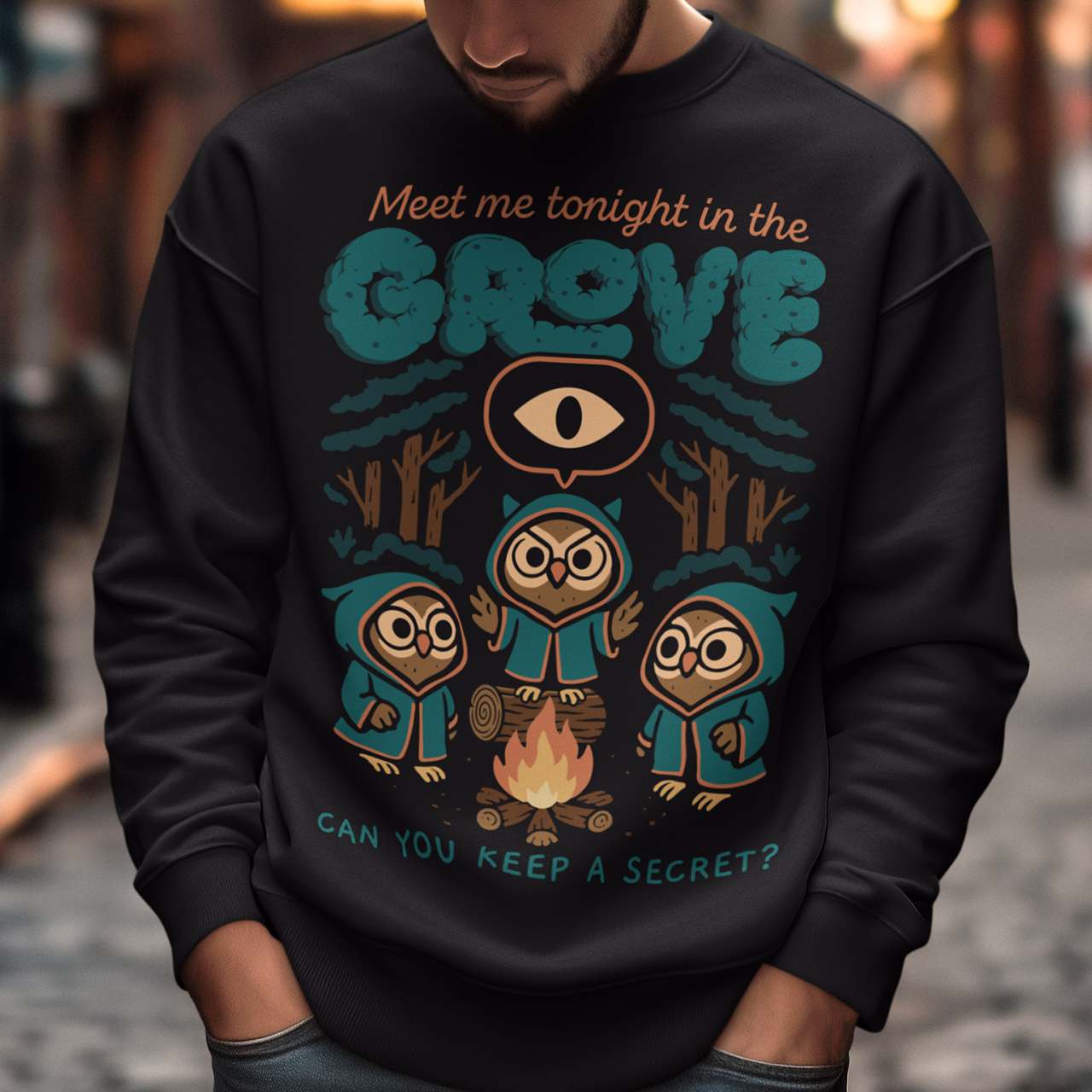 Black sweatshirt featuring three hooded owl characters gathered around a campfire in a dark forest. Above them is the text “Meet Me Tonight in the Grove” with an all-seeing eye symbol, and below reads “Can You Keep a Secret?” The design uses teal, orange, and cream tones in a spooky vintage cartoon style inspired by occult themes and secret societies.