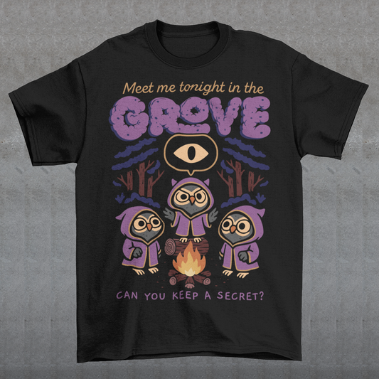 Black t-shirt featuring three hooded owl characters gathered around a campfire in a dark forest. Above them is the text “Meet Me Tonight in the Grove” with an all-seeing eye symbol, and below reads “Can You Keep a Secret?” The design uses teal, orange, and cream tones in a spooky vintage cartoon style inspired by occult themes and secret societies.
