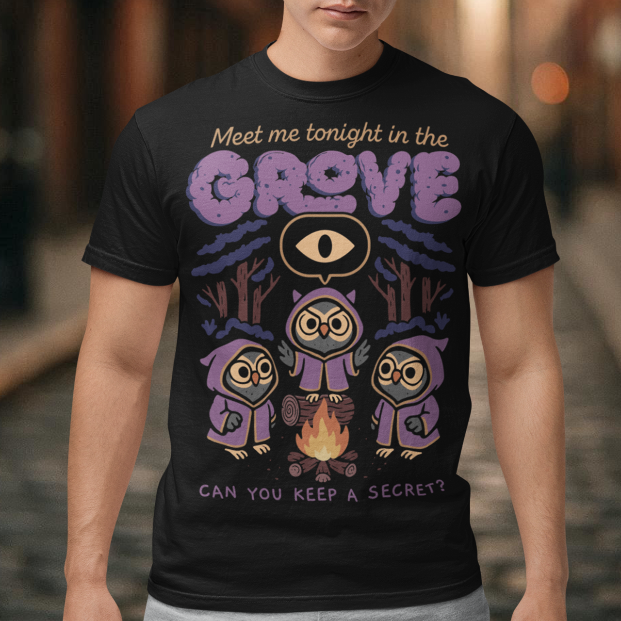 Black t-shirt featuring three hooded owl characters gathered around a campfire in a dark forest. Above them is the text “Meet Me Tonight in the Grove” with an all-seeing eye symbol, and below reads “Can You Keep a Secret?” The design uses teal, orange, and cream tones in a spooky vintage cartoon style inspired by occult themes and secret societies.