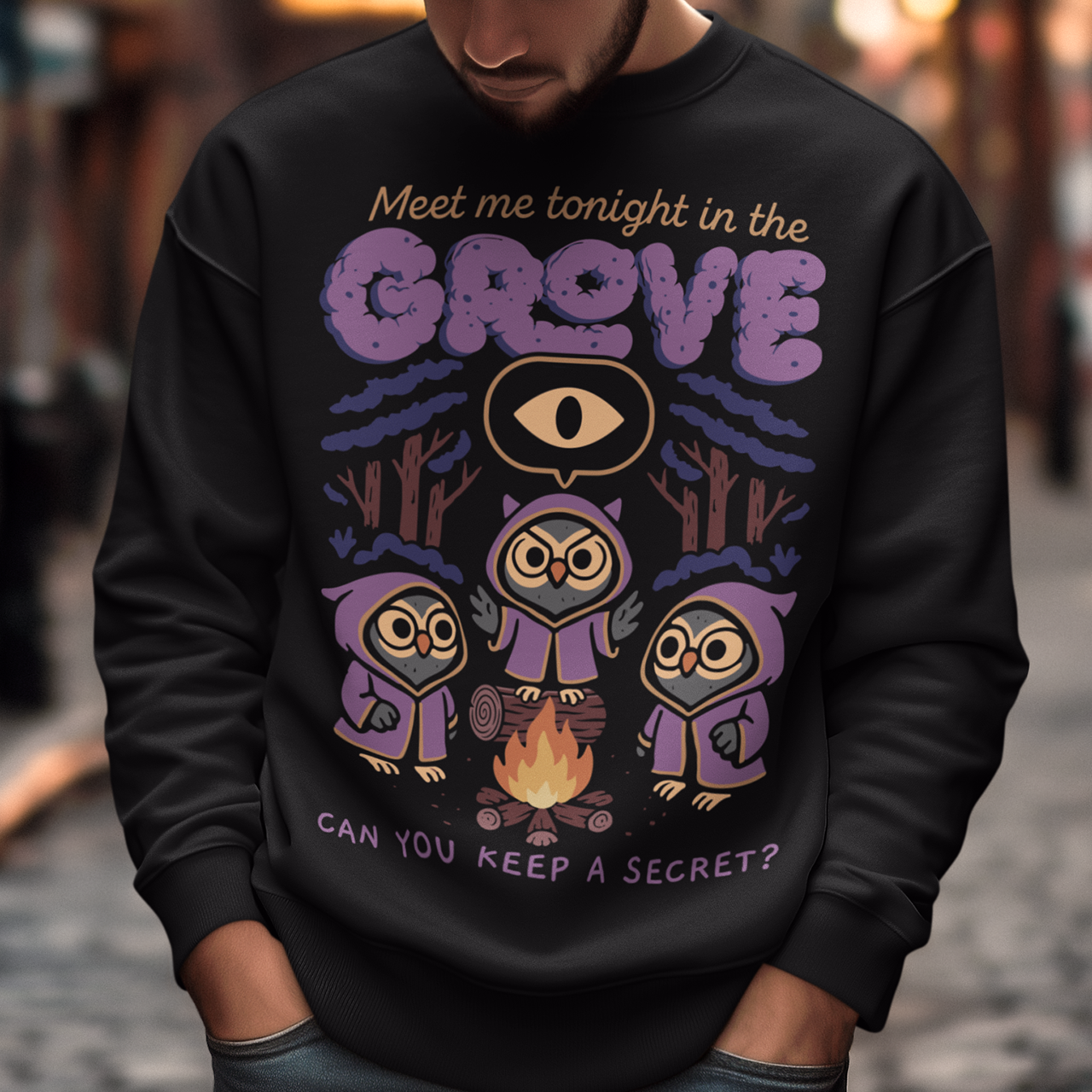 Black sweatshirt featuring three hooded owl characters gathered around a campfire in a dark forest. Above them is the text “Meet Me Tonight in the Grove” with an all-seeing eye symbol, and below reads “Can You Keep a Secret?” The design uses pink, purple, and cream tones in a spooky vintage cartoon style inspired by occult themes and secret societies.