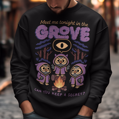 Black sweatshirt featuring three hooded owl characters gathered around a campfire in a dark forest. Above them is the text “Meet Me Tonight in the Grove” with an all-seeing eye symbol, and below reads “Can You Keep a Secret?” The design uses pink, purple, and cream tones in a spooky vintage cartoon style inspired by occult themes and secret societies.