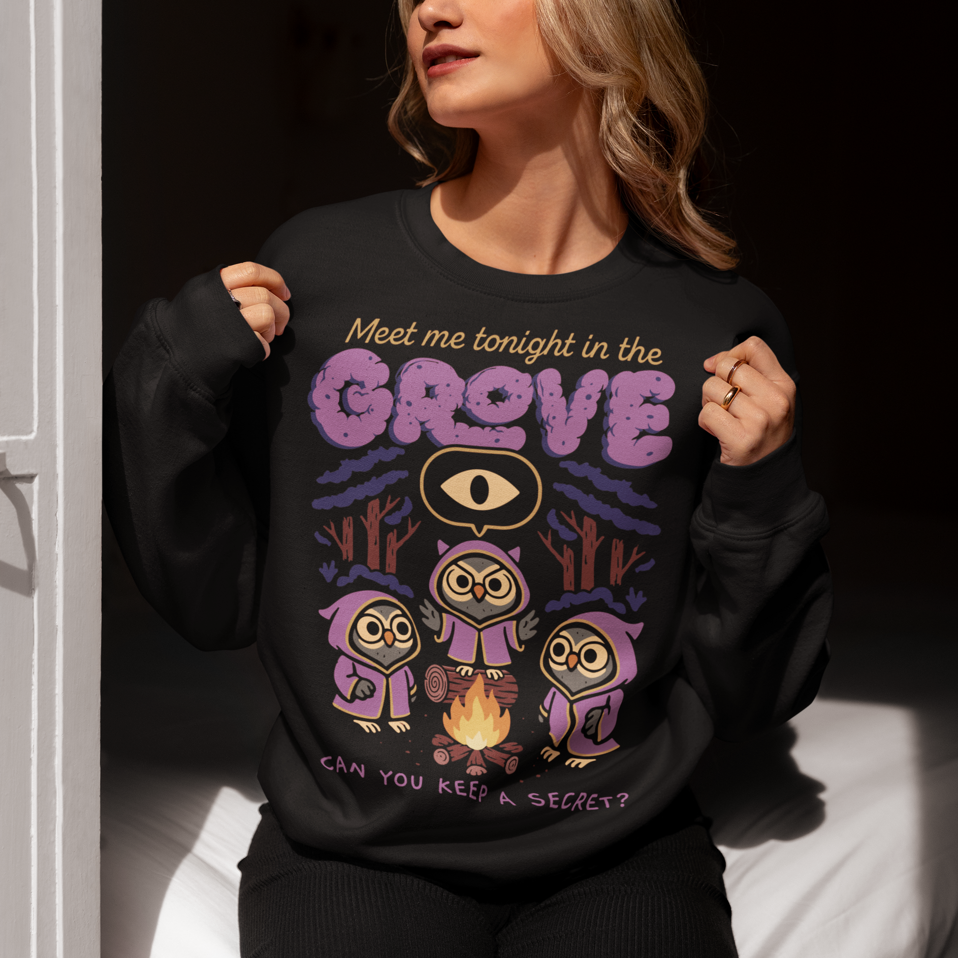 Black sweatshirt featuring three hooded owl characters gathered around a campfire in a dark forest. Above them is the text “Meet Me Tonight in the Grove” with an all-seeing eye symbol, and below reads “Can You Keep a Secret?” The design uses pink, purple, and cream tones in a spooky vintage cartoon style inspired by occult themes and secret societies.