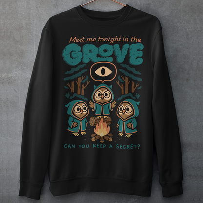 Black sweatshirt featuring three hooded owl characters gathered around a campfire in a dark forest. Above them is the text “Meet Me Tonight in the Grove” with an all-seeing eye symbol, and below reads “Can You Keep a Secret?” The design uses teal, orange, and cream tones in a spooky vintage cartoon style inspired by occult themes and secret societies.