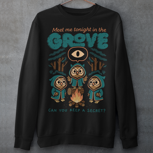 Black sweatshirt featuring three hooded owl characters gathered around a campfire in a dark forest. Above them is the text “Meet Me Tonight in the Grove” with an all-seeing eye symbol, and below reads “Can You Keep a Secret?” The design uses teal, orange, and cream tones in a spooky vintage cartoon style inspired by occult themes and secret societies.
