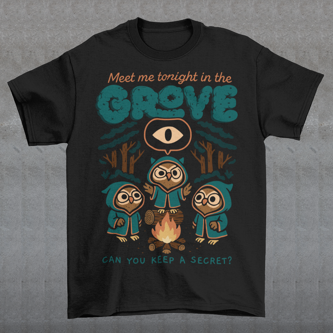 Black t-shirt featuring three hooded owl characters gathered around a campfire in a dark forest. Above them is the text “Meet Me Tonight in the Grove” with an all-seeing eye symbol, and below reads “Can You Keep a Secret?” The design uses teal, orange, and cream tones in a spooky vintage cartoon style inspired by occult themes and secret societies.