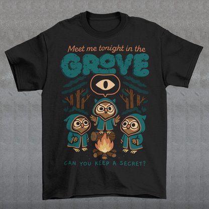 Black t-shirt featuring three hooded owl characters gathered around a campfire in a dark forest. Above them is the text “Meet Me Tonight in the Grove” with an all-seeing eye symbol, and below reads “Can You Keep a Secret?” The design uses teal, orange, and cream tones in a spooky vintage cartoon style inspired by occult themes and secret societies.
