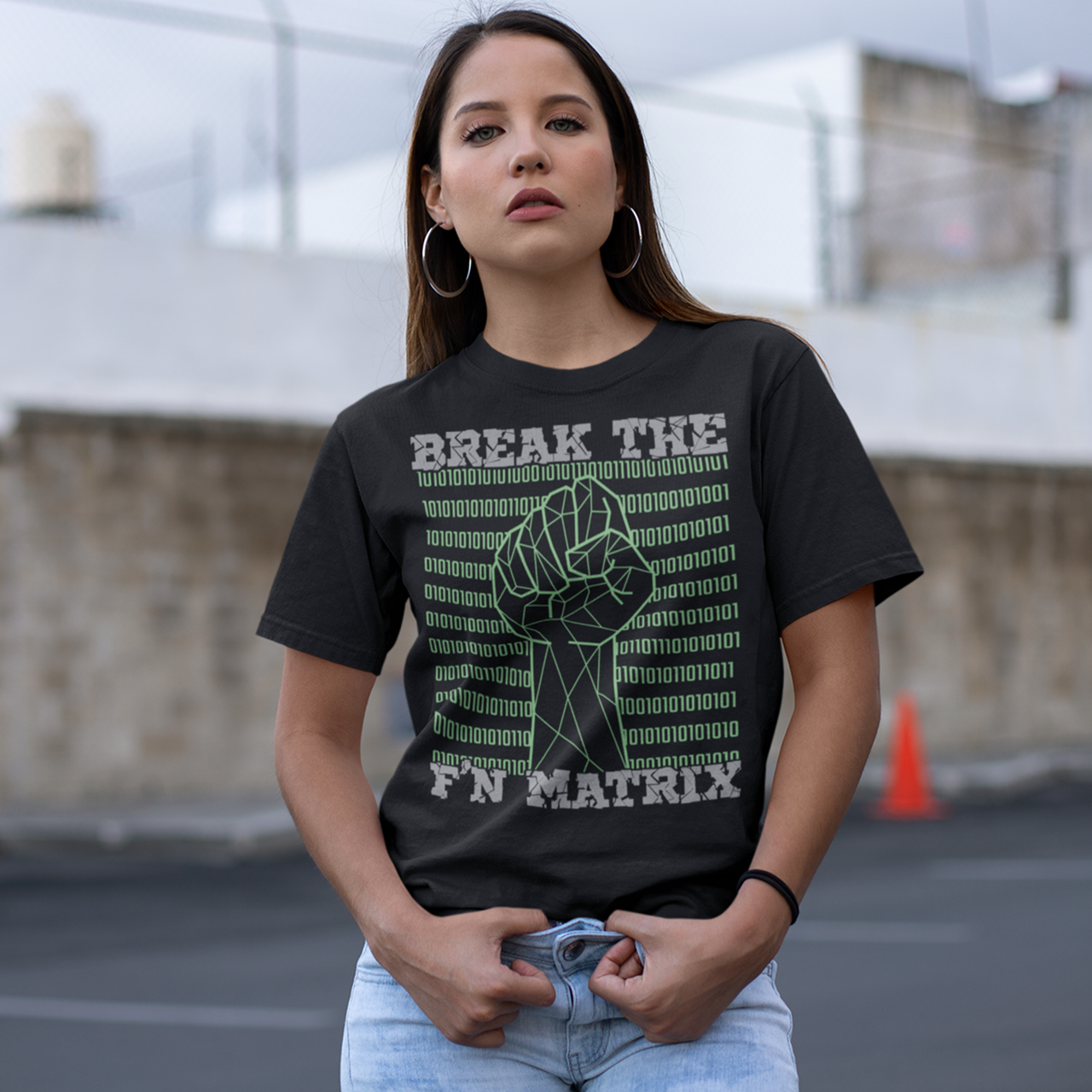 Black t-shirt with text  "BREAK THE  MATRIX".