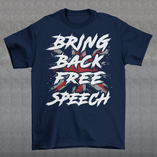 Make a bold statement with our "BRING BACK FREE SPEECH" t-shirt, featuring the iconic British flag as a backdrop to a powerful message. This design fuses patriotism with a call to action, standing up for one of the most fundamental democratic rights — freedom of expression.