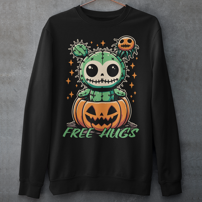 Black Halloween sweatshirt of a cactus teddy in a pumpkin with text underneath "FREE HUGS."