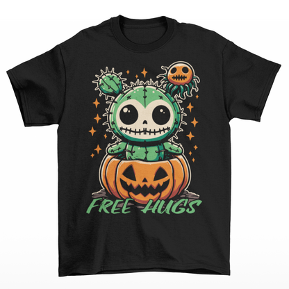 Black Halloween t-shirt of a cactus teddy in a pumpkin with text underneath "FREE HUGS."
