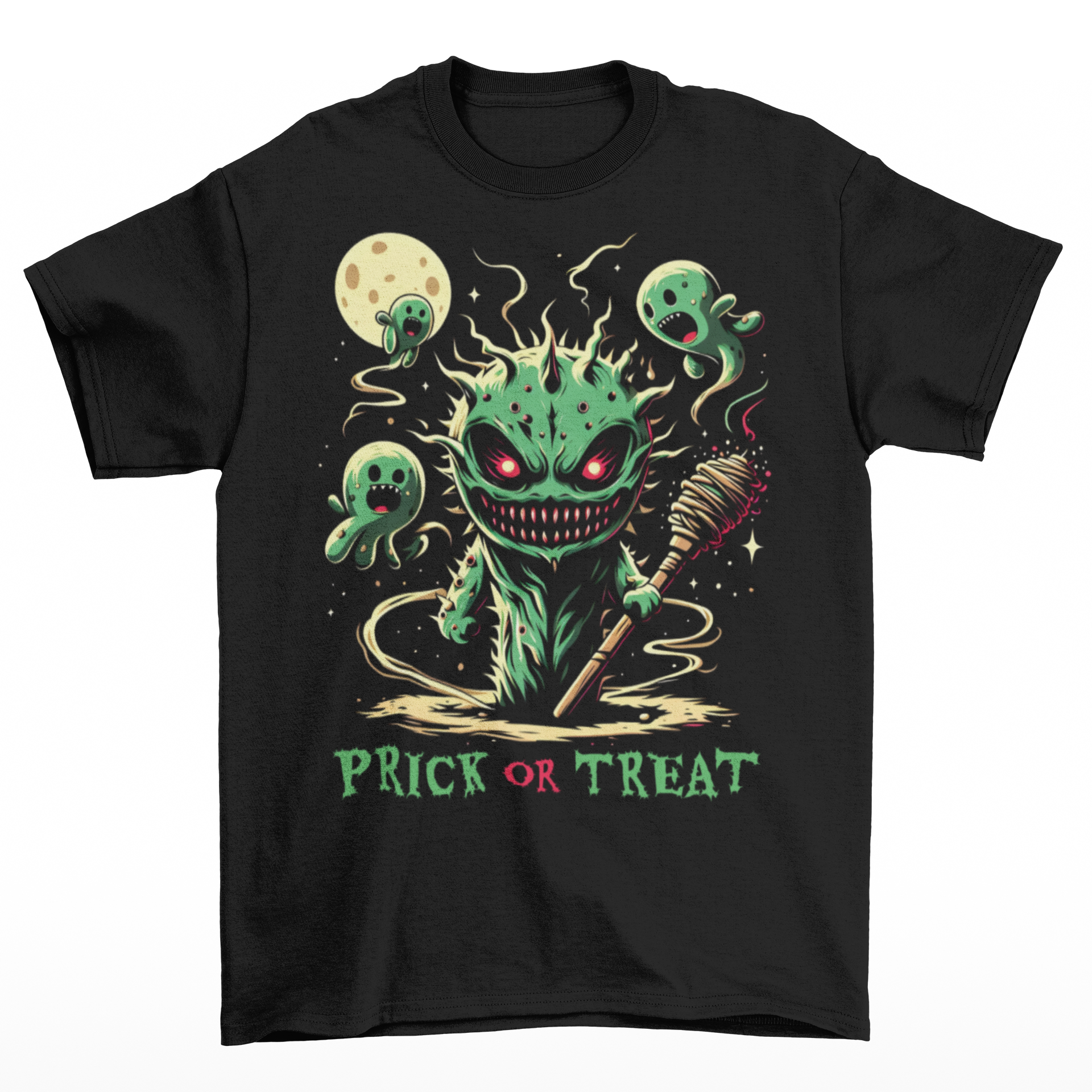 Black Halloween t-shirt of a scary cactus with cactus ghosts with text underneath "PRICK OR TREAT".