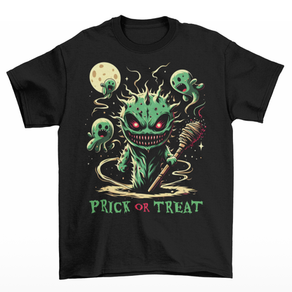 Black Halloween t-shirt of a scary cactus with cactus ghosts with text underneath "PRICK OR TREAT".