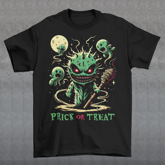 This Halloween t-shirt features a spooky yet playful design of a towering, eerie cactus with sharp, menacing spikes. Surrounding the cactus are ghostly cacti spirits, floating with hollow eyes and wispy arms, giving off an ethereal glow. Their haunting presence contrasts with the cactus's sharp and rigid form, creating a unique desert-themed fright.